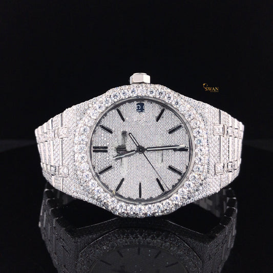 Luxury Diamond Audemars Piguet Royal Oak Watch Fully Iced Out with Silver Dial Custom Pave Bracelet SwanDiamond Exclusive