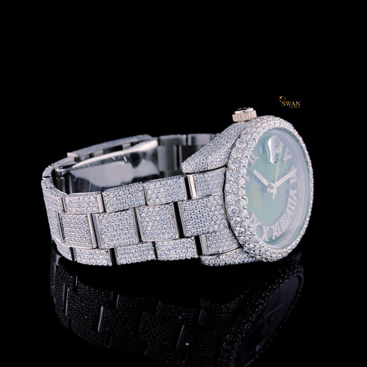 Luxury Diamond Rolex Style Watch Green Roman Numeral Dial Fully Iced Out Bracelet Silver Tone SwanDiamond Exclusive