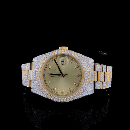 Mens Gold Dial Diamond Watch Luxury Iced Out Custom Fully Paved Bracelet Hip Hop Jewelry Timepiece SwanDiamond