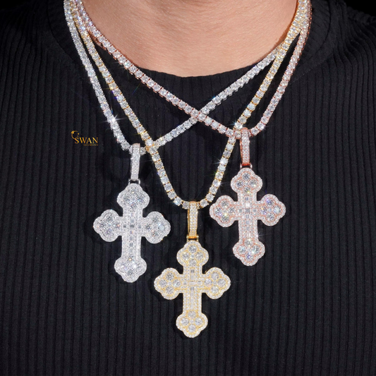 Iced Out Diamond Cross Pendant Necklace with Tennis Chain in Rose Gold White Gold and Yellow Gold Hip Hop Religious Jewelry Gift For Men and Women swandiamond