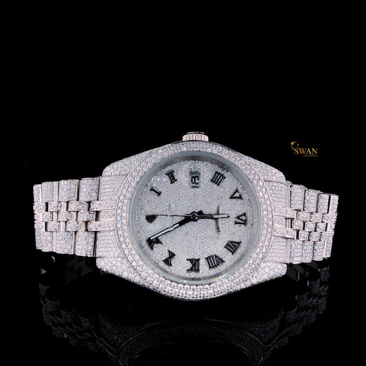 Fully Iced Out Diamond Watch Silver Tone with Roman Numeral Dial and Pave Bracelet Custom Luxury Timepiece High End Jewelry SwanDiamond