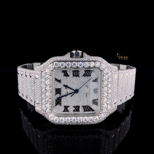 Luxury Iced Out Square Diamond Watch with Roman Numeral Dial Full Pave Bracelet and Large Round Bezel Stones Classic Style SwanDiamond