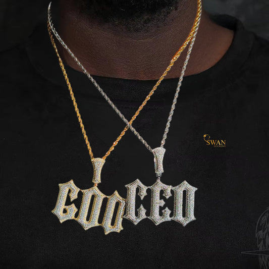 Custom Luxury Hip Hop CEO and GOD Pendant Fully Iced Out in Gold and Silver with VVS Moissanite Diamonds Necklace for Men swandiamond