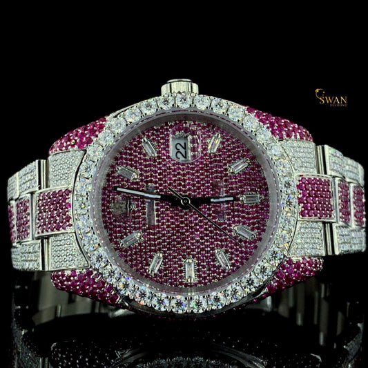 High End Ruby Red and Diamond Iced Out Watch Silver Bracelet with Full Pave Setting Luxury Unisex Style SwanDiamond