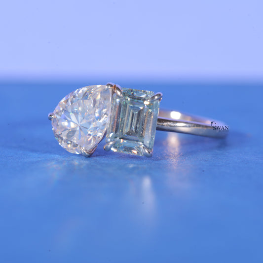 Emerald And Pear Cut Lab Grown VVS1 Diamond Engagement Rings