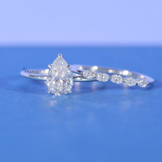 Lab Grown Diamond Pear Cut Solitaire Ring With Marquise Cut Stacking Band Bridal Set