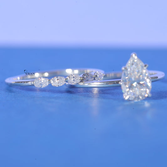 Lab Grown Diamond Pear Cut Solitaire Ring With Marquise Cut Stacking Band Bridal Set
