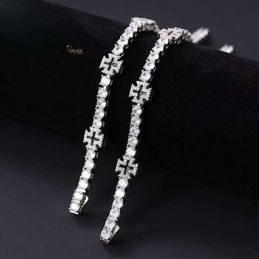 White Gold Diamond Cross Tennis Bracelet with Round Cut Natural Diamonds Sparkling Religious Inspired Luxury Jewelry Elegant Gift for Him or Her swandiamond