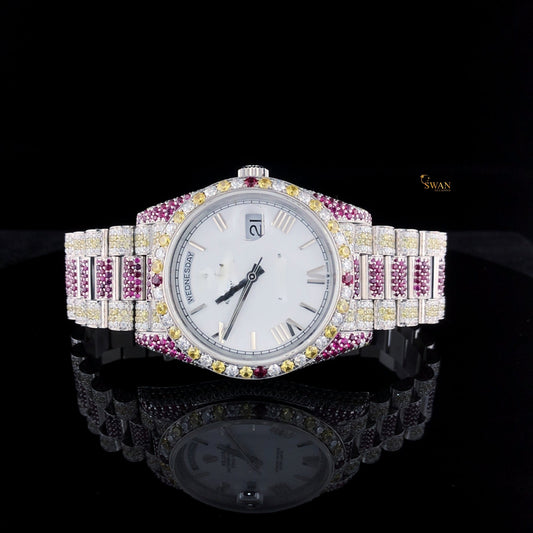 Day Date Iced Out Watch White Dial Diamond Ruby Yellow Stone Bracelet Custom Luxury Jewelry Gift SwanDiamond