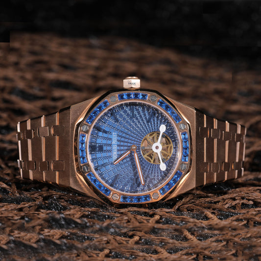 Rose Gold Blue Dial Luxury Watch with Sapphire Accents and Open Heart Design SwanDiamond