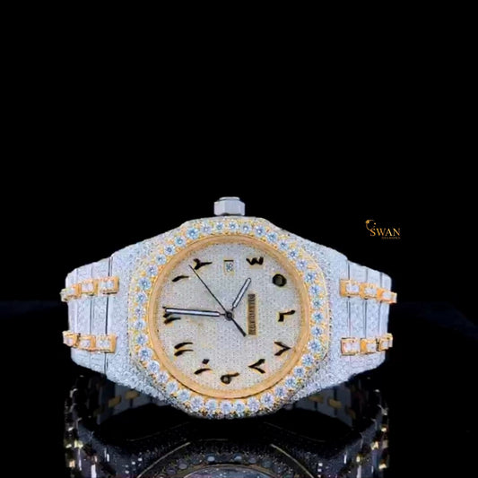 Luxury Iced Out Diamond Watch Two Tone Gold and Silver Arabic Dial Automatic Custom Hip Hop Jewelry Timepiece for Men swan diamond