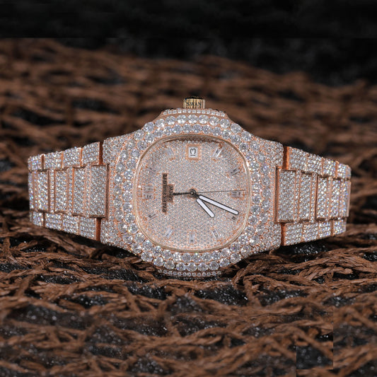 Rose Gold Fully Iced Luxury Watch with Pavé-Set Diamonds SwanDiamond