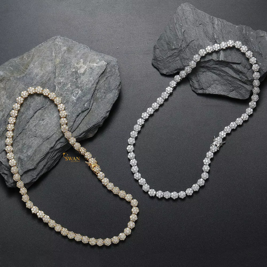 Flower Cluster Diamond Tennis Necklace in White and Yellow Gold Luxury Statement Jewelry for Men and Women swandiamond