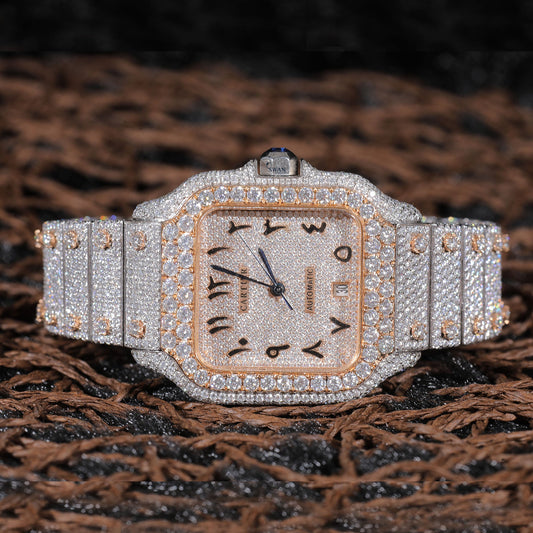 Custom Cartier Santos Arabic Dial Iced-Out Diamond Watch – Luxury Redefined SwanDiamond
