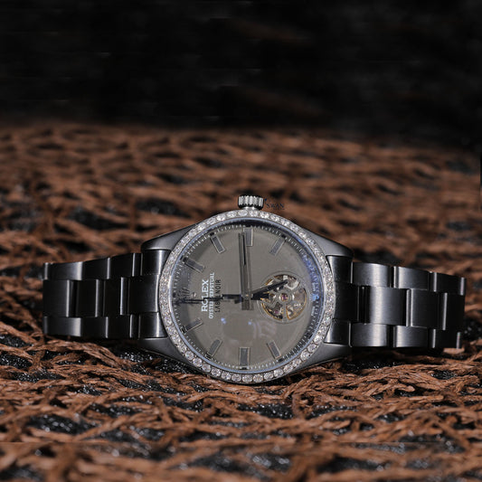 Black Dial Skeleton Luxury Watch with Diamond Bezel and Black Bracelet SwanDiamond