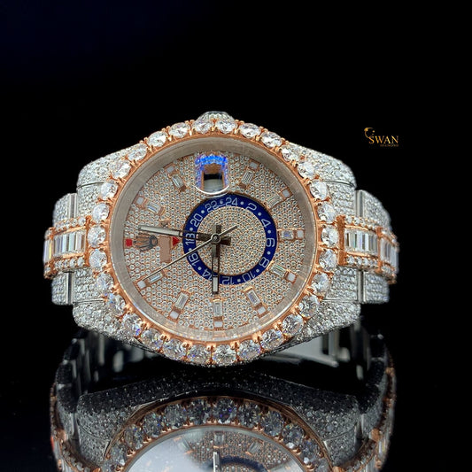 Two Tone Rose Gold and Silver Diamond Watch with Baguette and Round Cut Full Pave Bracelet and Bezel Luxury Edition SwanDiamond