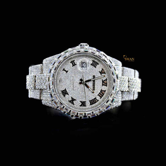 Luxury Fully Iced Out Diamond Watch in White Gold with Roman Numeral Dial and Paved Bracelet Custom Men’s Jewelry Timepiece
