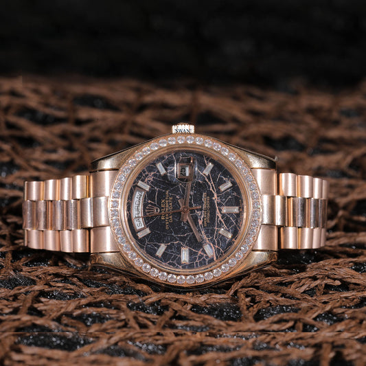 Rose Gold Day-Date Luxury Watch with Black Marble Dial and Diamond Bezel  SwanDiamond