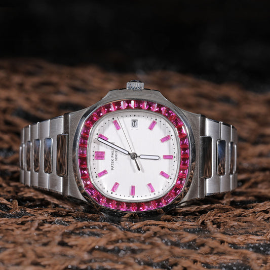 White Dial Luxury Watch with Pink Sapphire Bezel and Stainless Steel Bracelet SwanDiamond