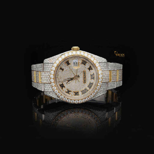 Two Tone Diamond Watch Fully Iced Out Gold and Silver Bracelet with Roman Numeral Dial Luxury Custom Timepiece SwanDiamond