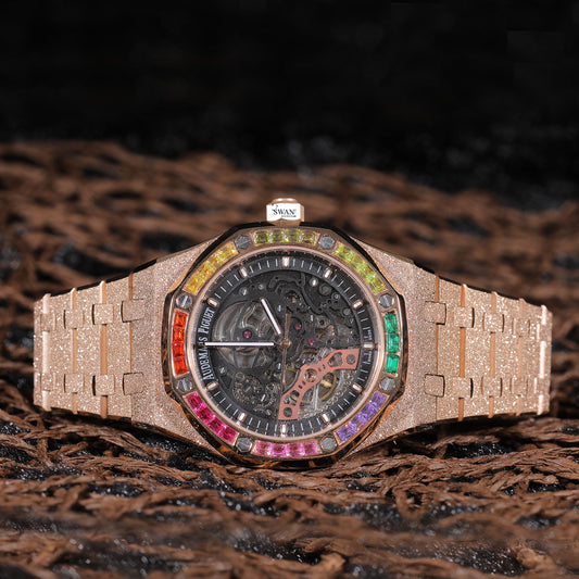 Rose Gold Skeleton Dial Luxury Watch with Rainbow Gemstone Bezel SwanDiamond