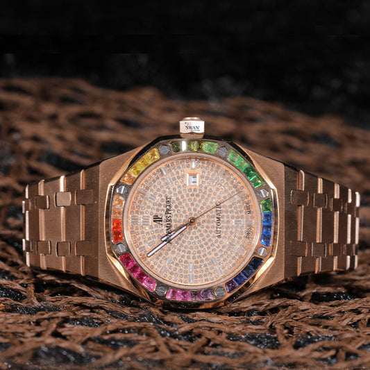Rose Gold Fully Iced Luxury Watch with Rainbow Gemstone Bezel SwanDiamond