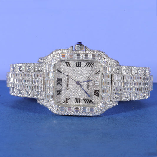 Custom Cartier Style Fully Iced Out Baguette Diamond Watch in White Gold Finish – Ultimate Luxury Timepiece SwanDiamond