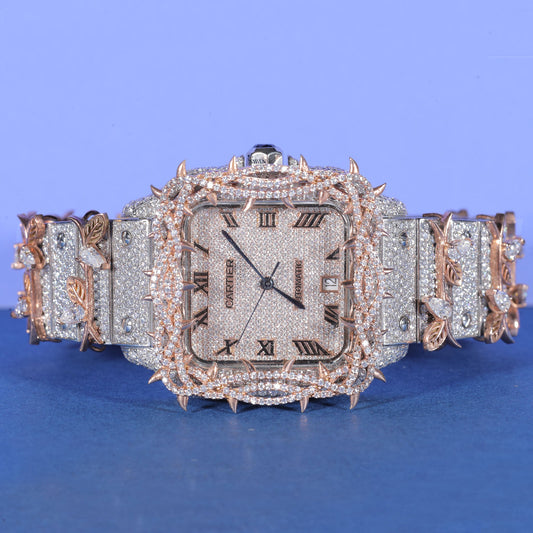 Thorn Leaf Iced Out Watch VVS Moissanite Custom Rose Gold and Silver Roman Dial Luxury Men’s Designer Timepiece SwanDiamond