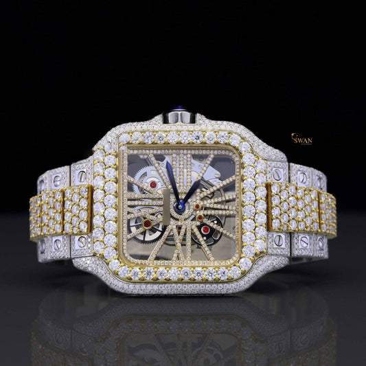 Two Tone Iced Out Diamond Cartier Santos Skeleton Watch Gold and Silver Fully Bust Down Luxury Timepiece for Men SwanDiamond