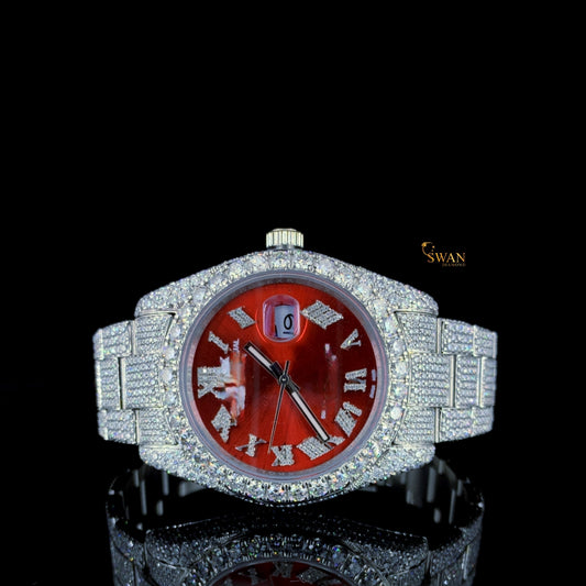 Exclusive Iced Out Diamond Watch Red Dial with Roman Numerals and Silver Full Pave Bracelet Luxury Unisex Timepiece SwanDiamond