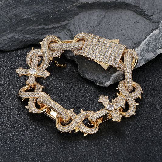 Unique Link Bracelet in White Gold and Yellow Gold Fully Iced Out with Natural Diamonds Luxury Hip Hop Statement Jewelry swandiamond