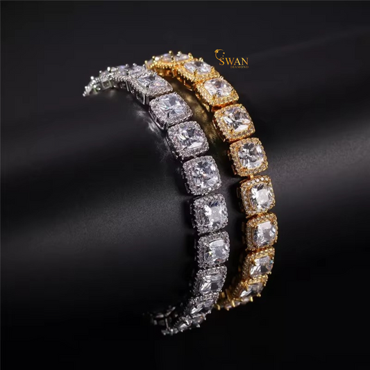 Luxury Cushion Cut Diamond Tennis Bracelet in Yellow Gold with Halo Setting Elegant Statement Jewelry swandiamond