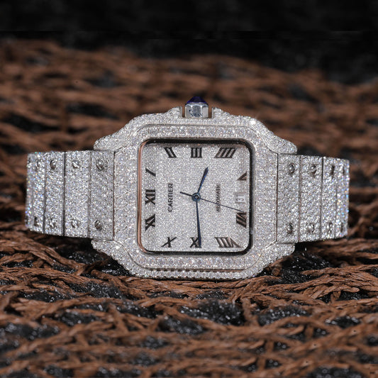 Iced-Out Cartier Santos Roman Dial Watch – Ultimate Diamond Luxury Edition SwanDiamond