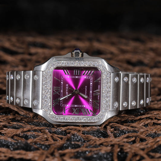 Purple Dial Roman Numeral Luxury Watch with Diamond Bezel and Stainless Steel Bracelet SwanDiamond
