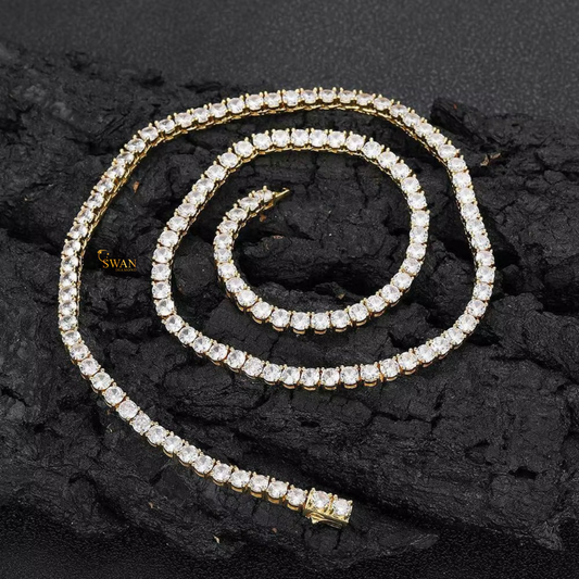Round Brilliant Cut Diamond Tennis Necklace in Yellow Gold Classic Luxury Jewelry for Men & Women swandiamond