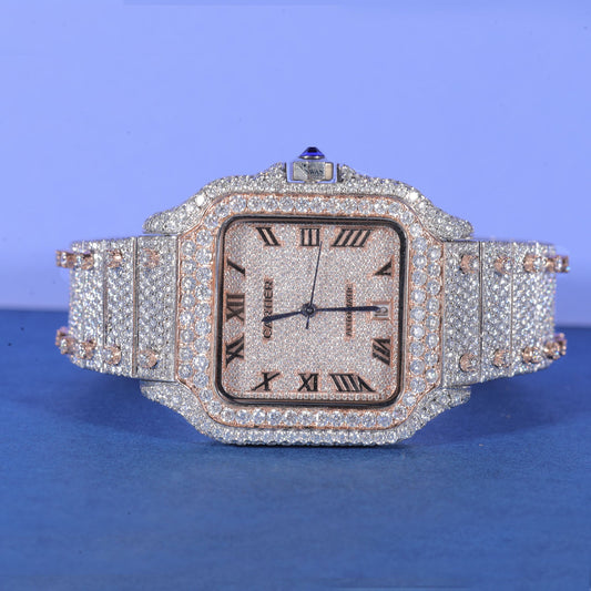 Custom Cartier Style Iced Out Diamond Watch in Rose Gold and Silver – Luxury Statement Timepiece SwanDiamond