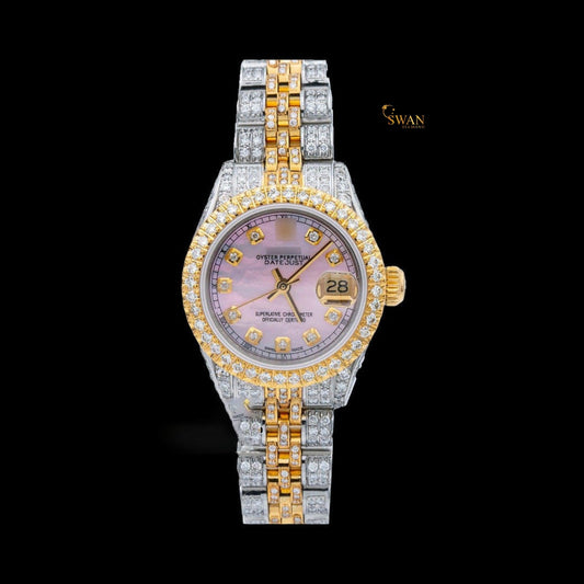 Yellow gold and silver iced-out watch with a mother-of-pearl dial and diamond-studded bezel and link band by swandiamond