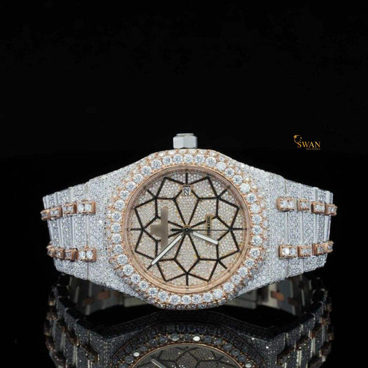 Luxury Iced Out Diamond Watch Two Tone Rose and White Gold Automatic with Unique Geometric Dial Custom Hip Hop Jewelry Gift swan diamond