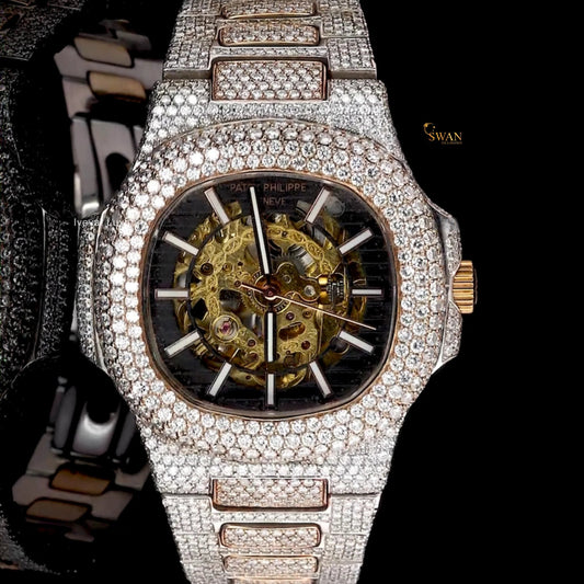 Luxury Iced Out Rose Gold Diamond Watch with Green Dial Full Pave Bracelet Custom Bezel High End Jewelry Gift for Men and Women swandiamond