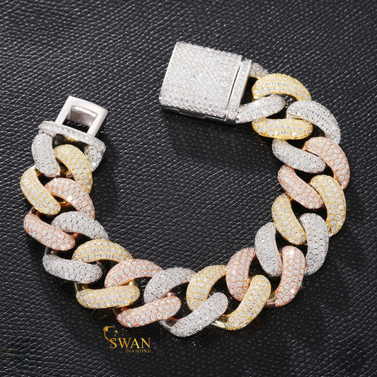 Cuban Link Bracelet in Natural White Gold Yellow Gold and Rose Gold | Tricolor Iced Out Luxury Statement Jewelry swandiamond