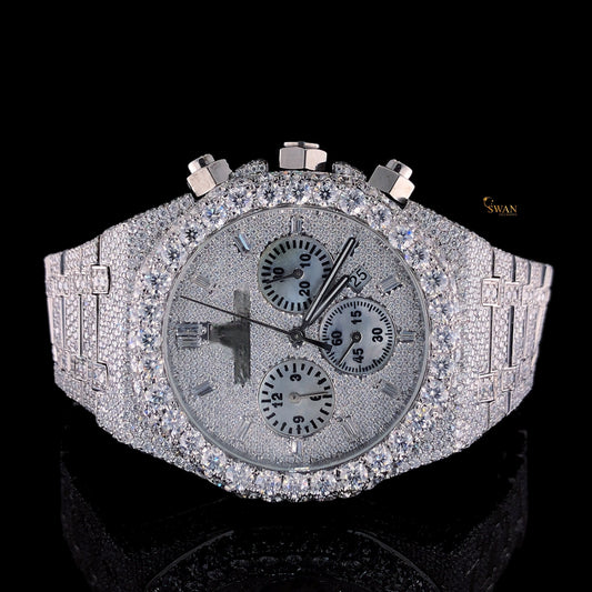 Mens Silver Diamond Watch Iced Out Chronograph Luxury Custom Fully Paved Bracelet High End Hip Hop Jewelry Timepiece SwanDiamond