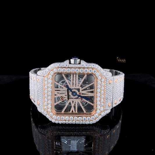 Luxury Diamond Cartier Santos Skeleton Watch Fully Iced Out Two Tone Rose Gold and Silver Case SwanDiamond Exclusive