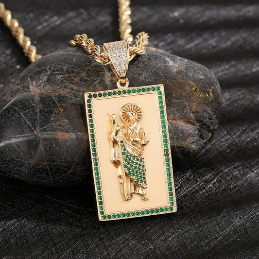 Hip Hop Jewelry Gold Saint Pendant with Green Accents Iced Out Rectangle Religious Bling Necklace Custom Statement Chain for Men swandiamond