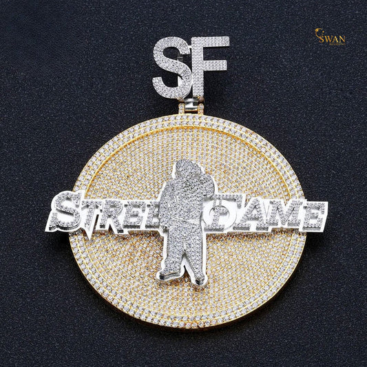 Hip Hop Custom Street Fame SF Medallion Pendant Fully Iced Out with VVS Moissanite Diamonds Luxury Gold and Silver Necklace for Men swandiamond