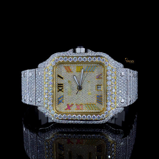 Custom Cartier Santos Diamond Watch Fully Iced Out Two Tone Rainbow Roman Dial Luxury Mens Timepiece SwanDiamond