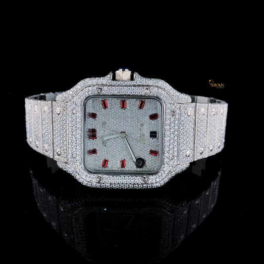 Cartier Santos Diamond Watch with Full Pave Setting and Red Hour Markers Custom Luxury Iced Out Timepiece by SwanDiamond