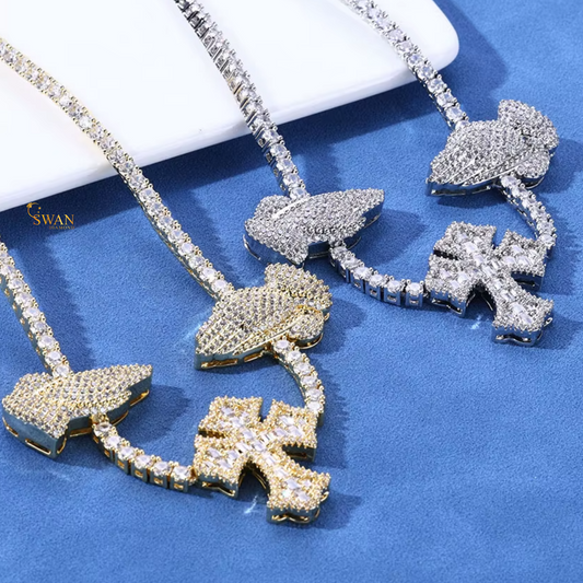 Angel Wing and Cross Diamond Tennis Necklace White Gold and Yellow Gold Iced Out Luxury Jewelry Statement Gift for Men and Women swandiamond