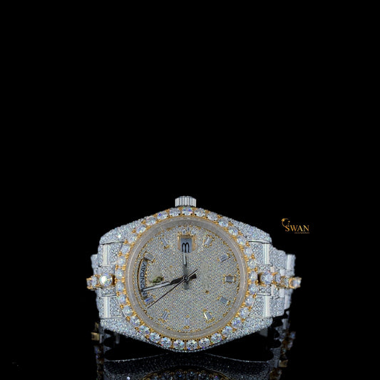 and ending with a strong keyword):  Luxury Two Tone Iced Out Diamond Watch Fully Paved with Round Cut Stones Custom Bracelet High End Jewelry Gift Timepiece SwanDiamond