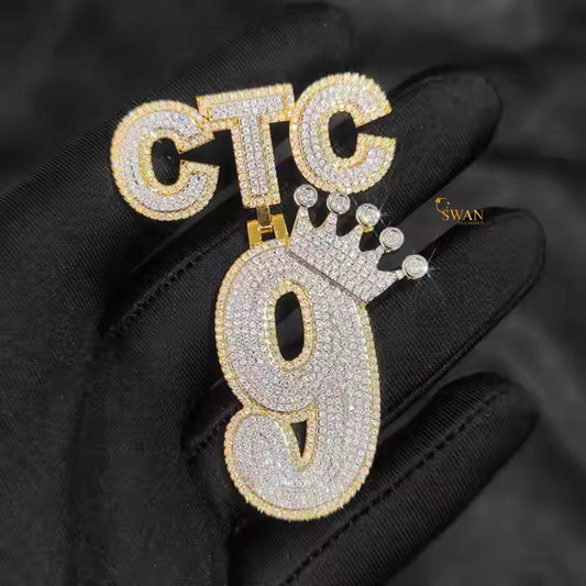 Custom CTC Crown Number 9 Pendant Iced Out Hip Hop Necklace Gold and Silver Two Tone Bling Statement Jewelry for Men Streetwear swandiamond