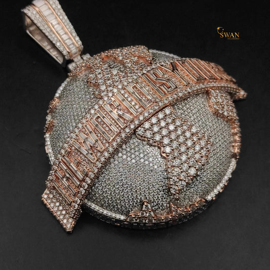 The World Is Yours Globe Pendant Iced Out Hip Hop Jewelry Rose Gold and Silver Two Tone Custom Bling Necklace Statement Piece for Men swandiamond